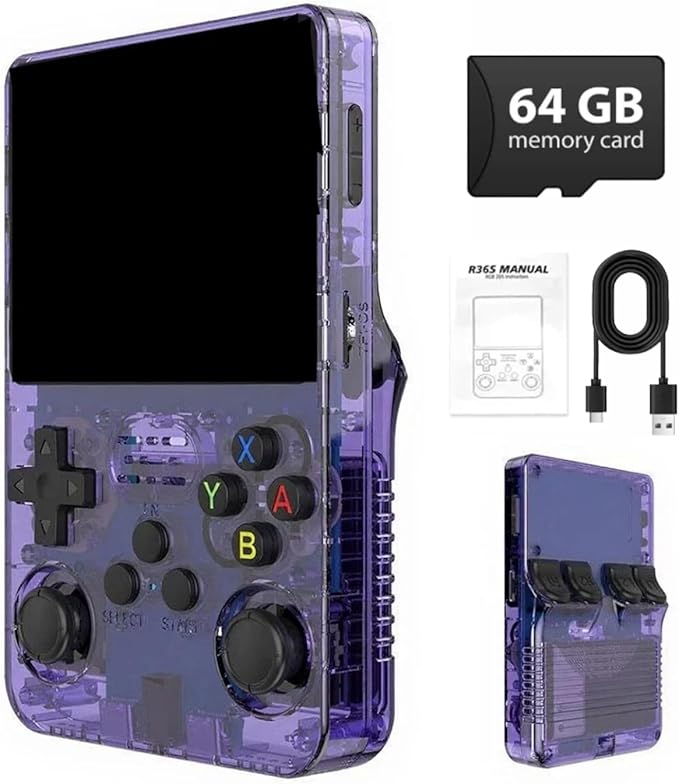 R36S Retro Handheld Game Console,3.5" IPS Screen Retro Gaming Console,Built-in 64G TF Card ,3500mAh Battery,Portable Gaming Player for Life-Purple