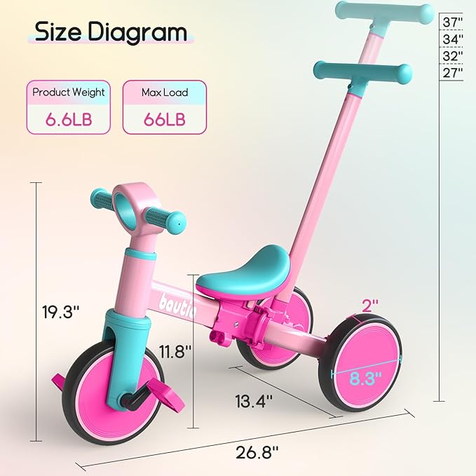 Kids Tricycle with Push Handle for Toddlers 1-4 Years Old Boys Girls Gift, 5 in 1 Baby Balance Bike for Toddlers 1-3 with Removable Pedals (No Parent Steering Version)