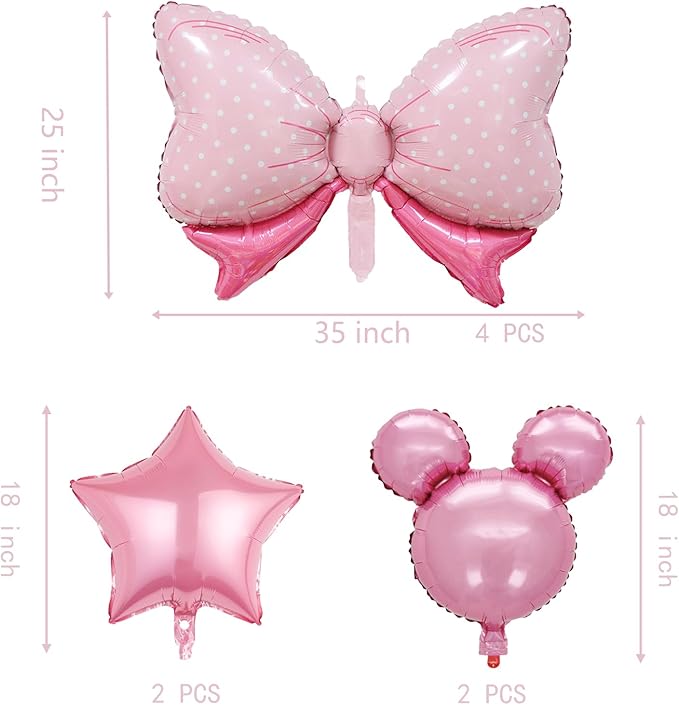 8 PCS Minnie Balloons, Pink Mouse Birthday Decorations, 35 Inch Pink Bow Balloons, Minnie Baby Shower Decorations, Oh Twodles Party Supplies