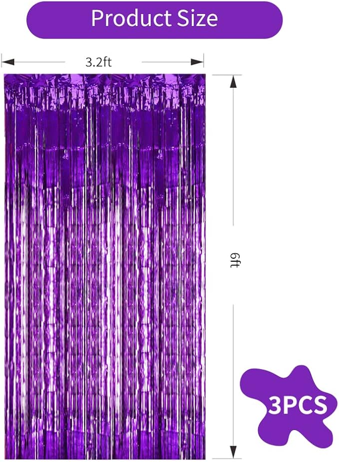 TONIFUL 3Pcs Purple Door Streamers,Purple Photo Booth Backdrop,Metallic Streamers Foil Fringe Curtains for Halloween Birthday,Christmas,New Year,St. Patrick's Day Party Decor(9.9ft x 6.6ft)