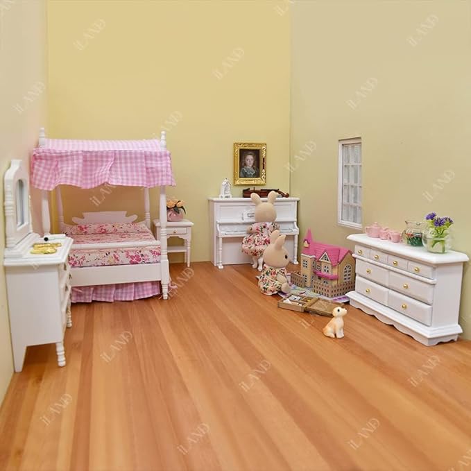 iLAND Wooden Dollhouse Furniture on 1/12 Scale of Pink Dollhouse Bedroom Set w/Piano (Sweet Doll Furniture 6pcs)