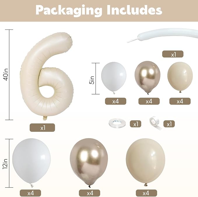 40 Inch Cream Number 6 Birthday Balloon Beige White Sand Number Six Foil Balloon Tower Giant Large Nude Neutral Digit Helium Balloons Stack Stand for Girls Boys 6th Anniversary Party Decorations