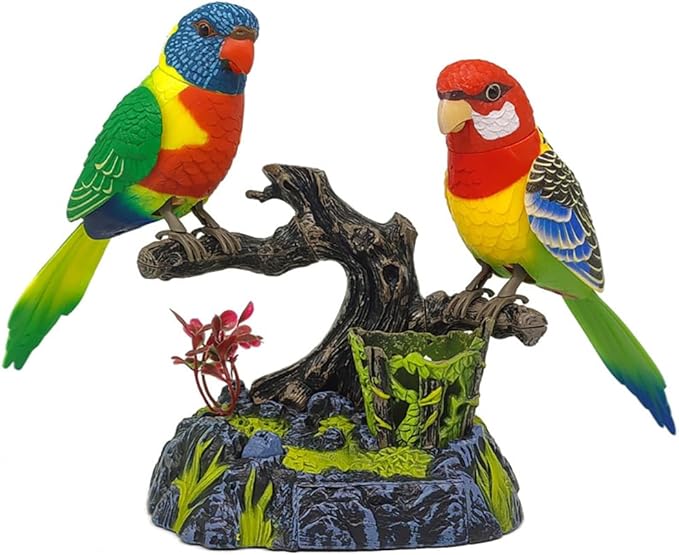 nulala Two Simulation Parrots Birds Desk Ornament - Voice Controlled Parrots Chirping and Wings Flap - Electronic Birds Pet for Home Garden Decor Ornament (513CE)