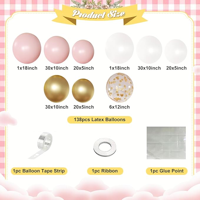 Pink and White Balloon Arch Kit, 138 Pcs Pink and Gold Balloon Garland Arch Kit Include Pastel Pink White Gold Confetti Balloons for Birthday Baby Shower Wedding Bridal Shower Party