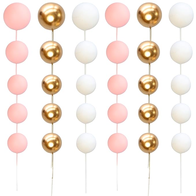 Gyufise 30Pcs Mini Balloon Cake Topper Foam Ball Cake Picks Cupcake Faux Pearl Balls DIY Cake Insert Topper Baking Decoration for Anniversary Graduation Birthday Party Baby Shower White Pink Gold