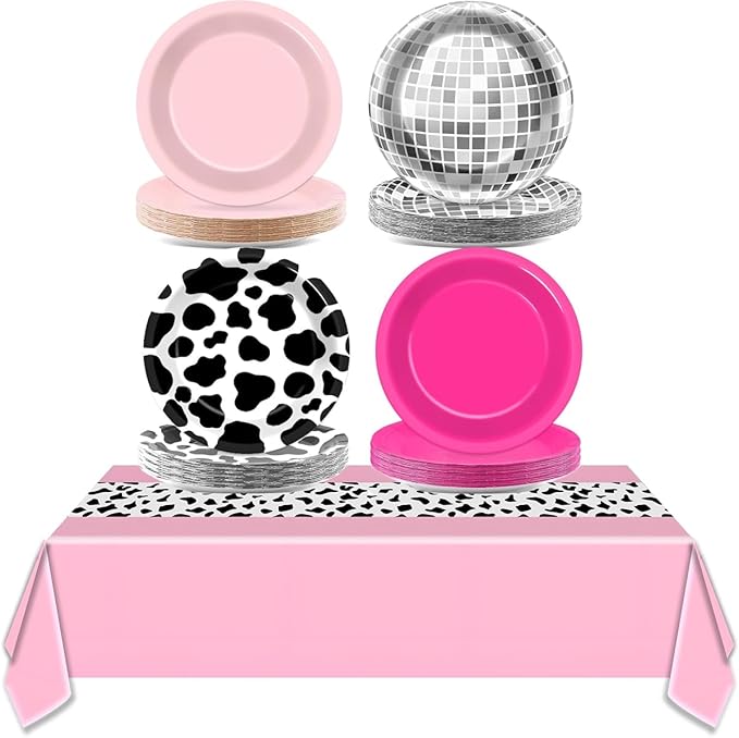49Pcs Western Cowgirl Party Paper Plates Tablecloth for CowPrint Themed Supplies 7" Hot Pink-Disco Ball Disposable Dessert Plates for Cowgirl Birthday 80s 90s Shower Party Decorations