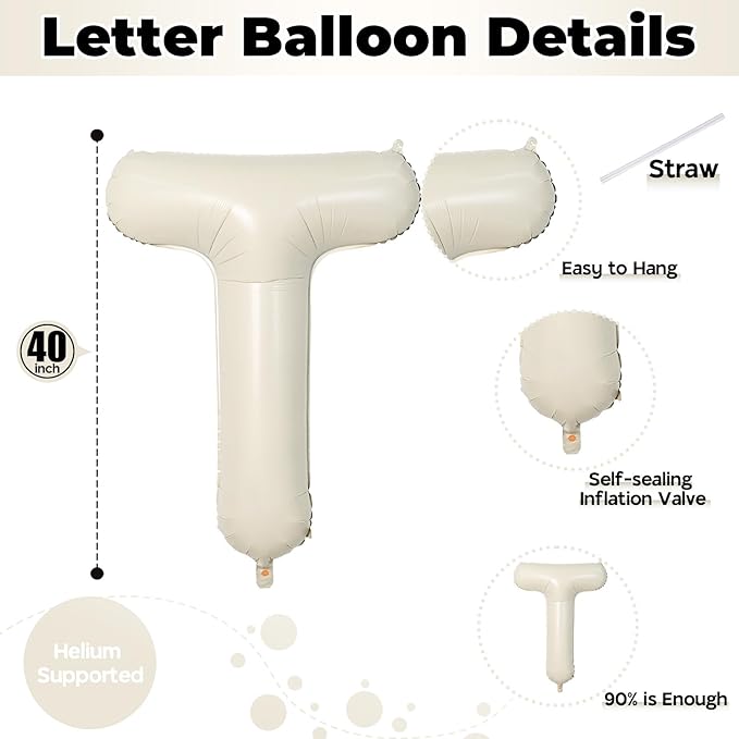 40 Inch Beige Letter Balloon, Cream White Sand Alphabet With Ribbon for 2 Year Old Birthday, Second Anniversary Party Decorations - Neutral Ivory for Kids, Boys, Girls