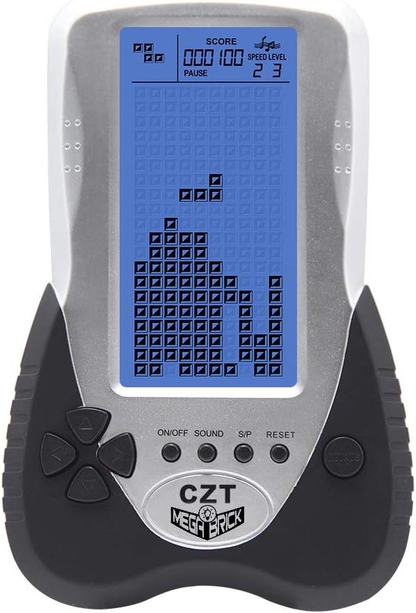 CZT Retro Brick Game Console Big Blue Backlight Screen Built-in 23 Games Tank Battle/Racing Can plug Headphone Nostalgic Puzzle Pocket Handheld Porable Machine Children's toys Christmas Gifts(Black)