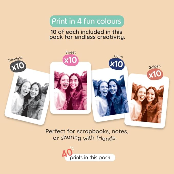 kiimento Print Pack for P2 Instant Print Camera, 40-prints Variety, Ink‑Free Thermal Cards, 78×56 mm Vertical, BPA & BPS Free, 4 Styles (10 Each): Timeless, Golden, Calm, Sweet