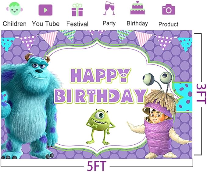 Purple Monster Inc Backdrop for Birthday Party Supplies 5x3ft Monster Inc Boo Theme Baby Shower Banner for Birthday Party Cake Table Decoration HM548E