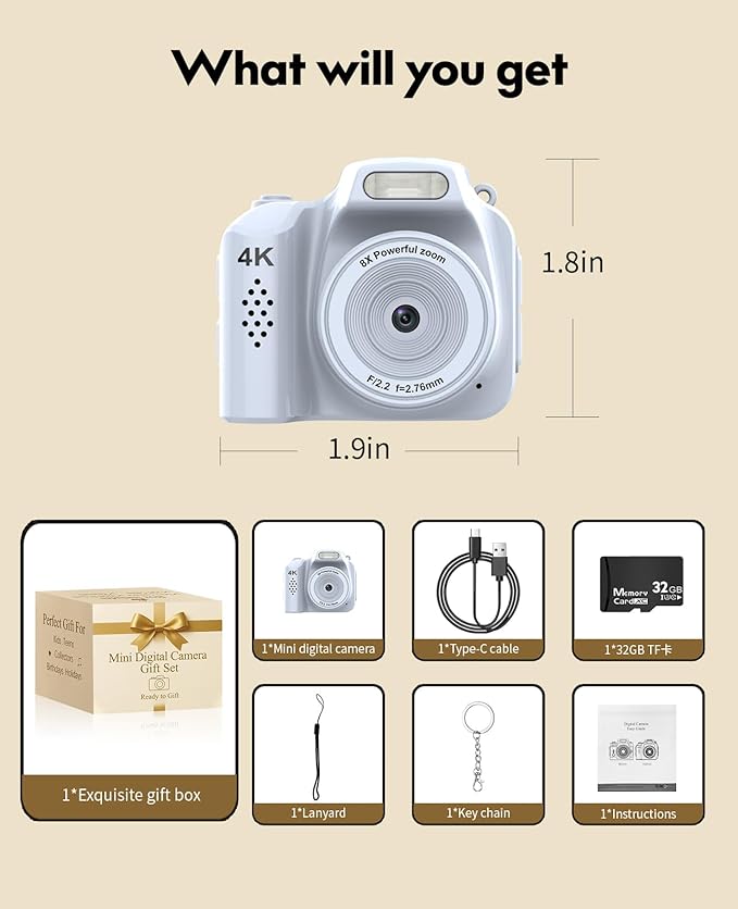 FLATIC Mini Keychain Camera –4K Mini Camera with 32GB Card & Elegant Gift Box, Mini Retro Camera for Kids & Adults, Collectible Vintage Camera Gift for Travel Camp Snap