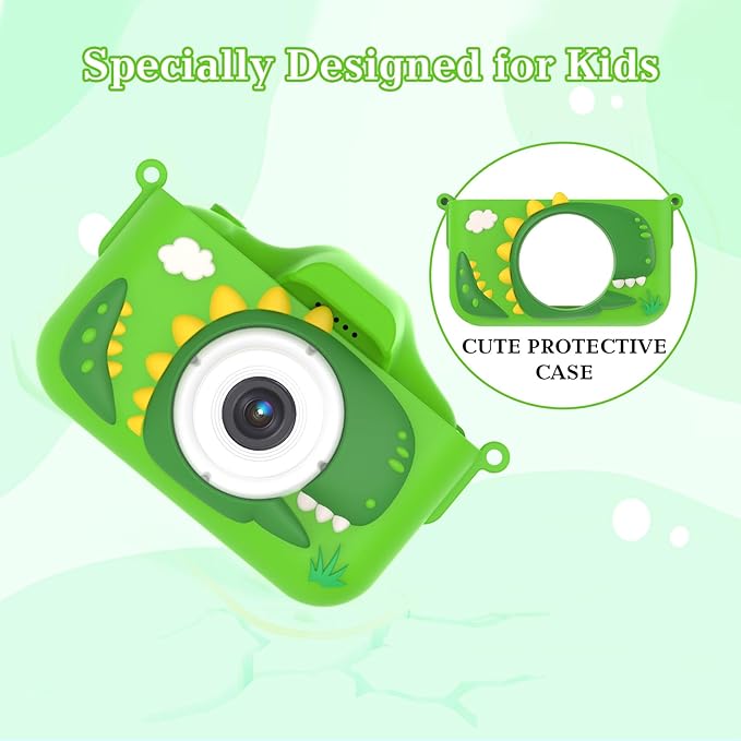 Kids Camera for 3-9 Year Old Boys Girls, Children Digital Camera with Cute Cartoon Soft Cover & 32GB SD Card, Best Christmas Birthday Gifts for Grandkids, Halloween Party Favors for Kids - Green