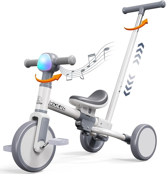 Ridego 5-in-1 Tricycle for Toddlers 2-5 Year Olds, Kids Balance Bike & Toddler Push Bike with Parent Handle, RGB Music Light, Tool-Free Assembly Birthday Gift for Boys Girls