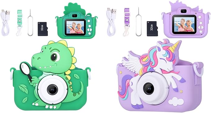 2-Pack Camera for Kids Girls Age 3-8, Toddler Kids Digital Camera Christmas Birthday Gifts for 3 4 5 6 7 8 Years Old Girl, Unicorn + Dinosaur