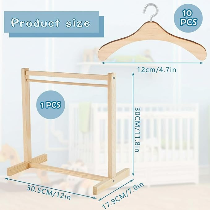 Civaner 11 Pcs Doll Garment Rack with Wooden Clothes Hanger for 18 Inch Girl Doll Clothes Mini Hangers Wardrobe Furniture Accessories for Dollhouse Baby Shower Supplies (Wood)