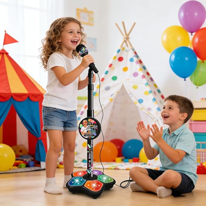 2026 New Kids Star Microphone with Stand - Portable Karaoke Machine Toy with Built-in Music, Colorful Lights & Echo Effects, Adjustable Height for Singing, Music Play