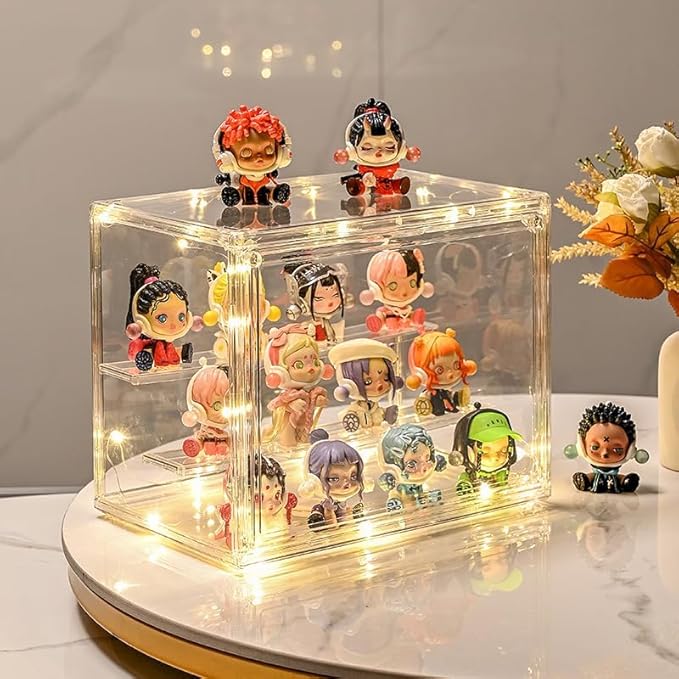 3 Tiers Clear Display Case with Lights, Acrylic Storage Organizers Box with Magnetic Door, Acrylic Dustproof Showcase for Collectibles Action Figure(3PACK Medium+Light)