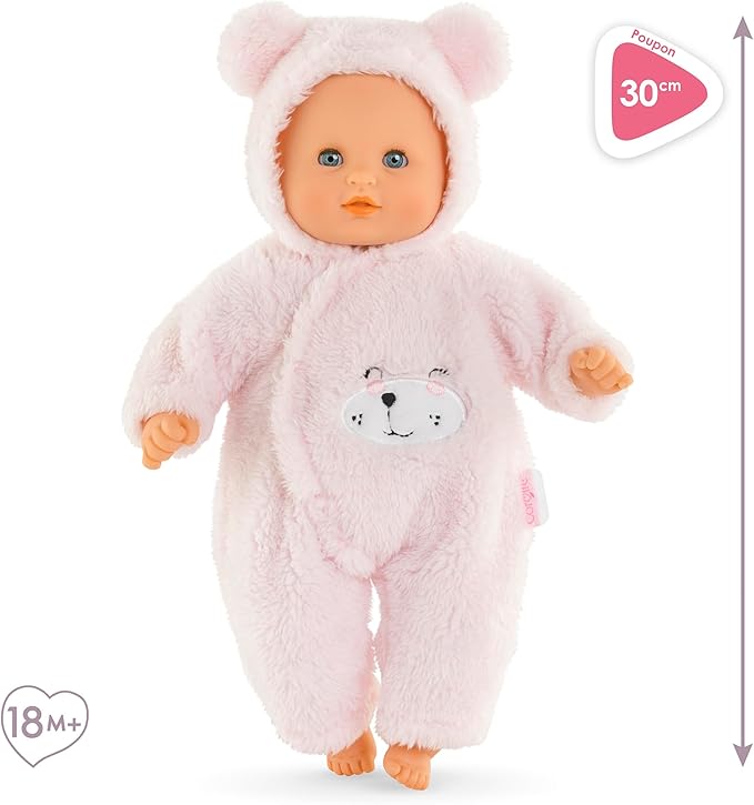 Corolle My First Baby Doll Cuddly Teddy Bear - 12" Soft Boy Baby Doll with Vanilla Scent, Pink Bear Outfit & Sleeping Eyes for Girls, Cute Reborn Realistic Baby Dolls for 2 Year Old Girls