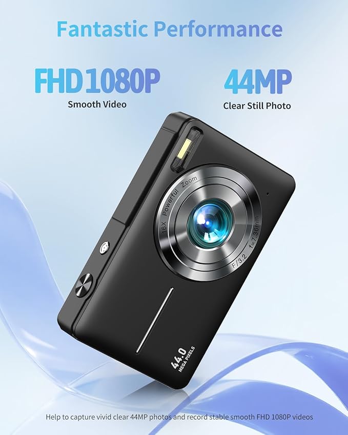 Digital Camera, FHD 1080P Point and Shoot Camera with 16X Zoom Anti Shake, Compact Small Portable for Boy Girls(Deep Black)