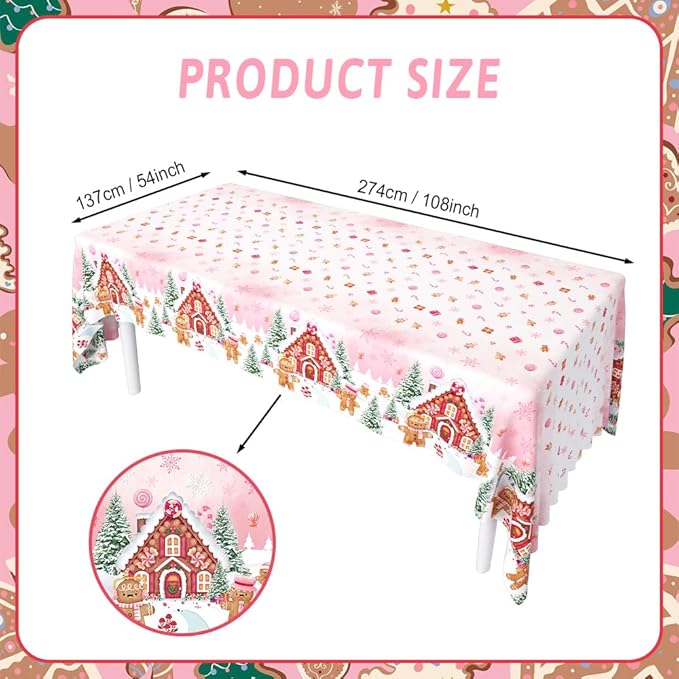 3 Pcs Pink Gingerbread Christmas Tablecloth - Gingerbread Man House Winter Cookie Plastic Table Cover for Family Holiday Decoration - 108 x 54 Inch