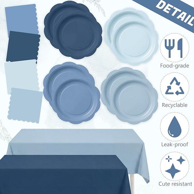 LemonRoad 100 Pcs Dusty Blue Paper Plates and Napkins and Plastic Tablecloth Set, Gradient Blue Disposable Dinner and Dessert Plates Tableware for Birthday Party Wedding Supplies Decoration