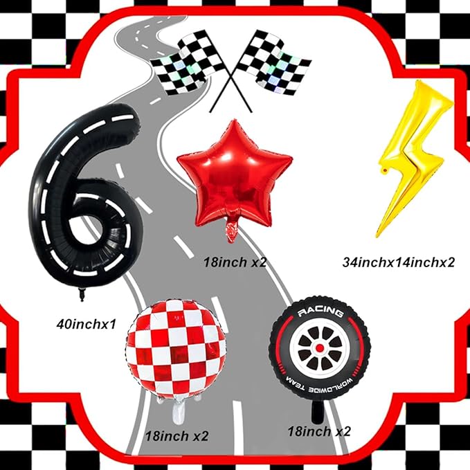 Race Car Birthday Party Decorations Large Lightning Bolt Foil Balloons Race Car Balloons 40 Inch Racetrack Number 6 Balloon for Boys 6th Race Car Birthday Party Decor Supplies