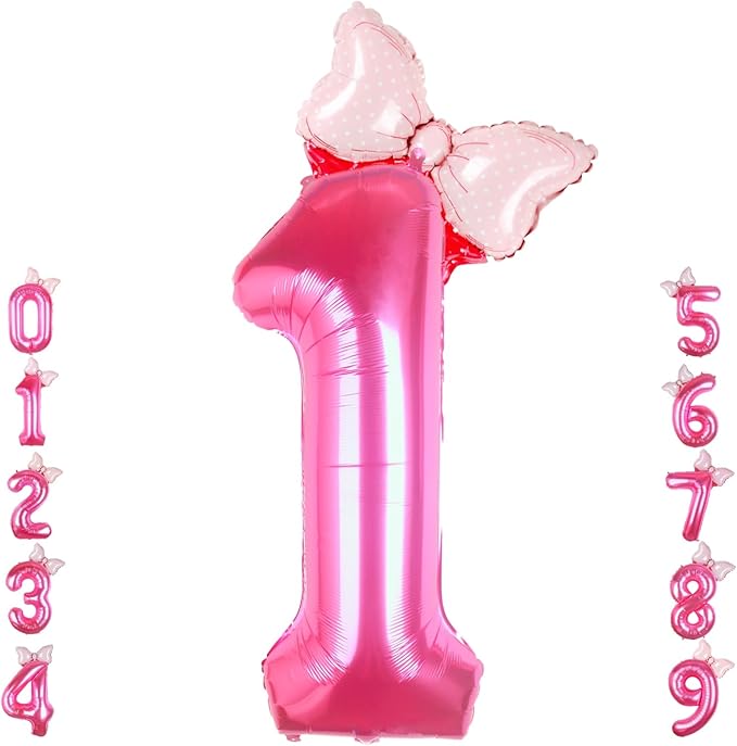 40 Inch Pink Number 1 Balloon with Mini Bow Balloon for Girls 1st Birthday Decorations, Pink Mouse Princess Western Cowgirl Theme Birthday Party Balloons Decorations Supplies