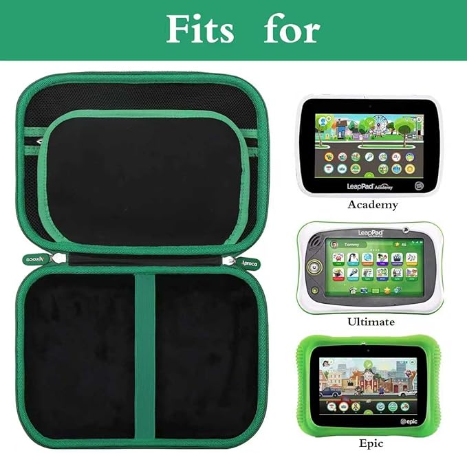 Aproca Case Compatible with Leapfrog LeapPad Academy Kids’ Learning Tablet/Epic Academy Edition/LeapPad Ultimate, Portable Storage Bag for Accessories -Black with Green Zipper