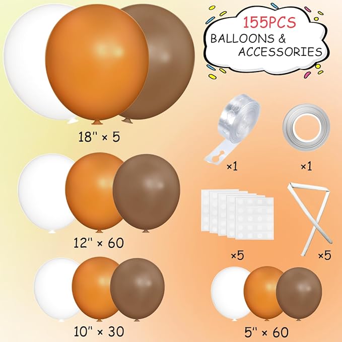 Fall Thanksgiving Balloon Arch Kit, 155 Pcs Boho Brown Orange White Balloons Garland for Baby Shower Autumn Birthday Party Decorations