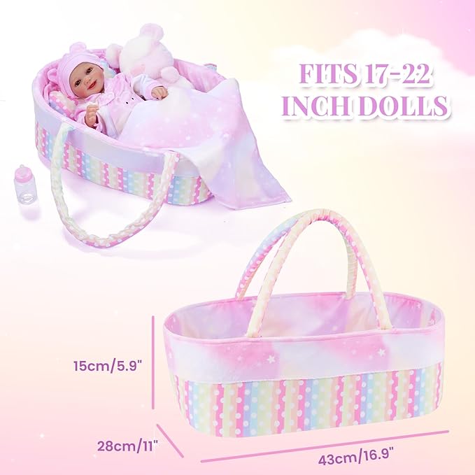BABESIDE 8 Pcs Reborn Baby Doll Clothes with Bassinet for 17-22 Inch Babydolls, Reborn Baby Doll Accessories fit Realistic Dolls Girls, Colorful Baby Dolls Clothes