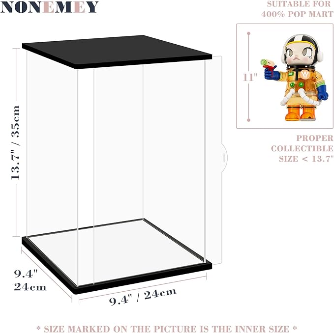 NONEMEY Clear Acrylic Display Case with Remote Control Light for 400% Pop Mart，Dustproof Model Showcase Organizer Box, Display Case for Collectibles (9.8x9.8x13.8inch,25x25x35cm)