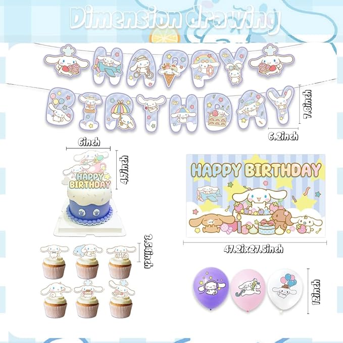 42pcs Cinna-morolls Birthday Party Supplies Pack Includes，Banner，Cake Topper，Blackdrop,Balloons for Cinna-morolls party decoration