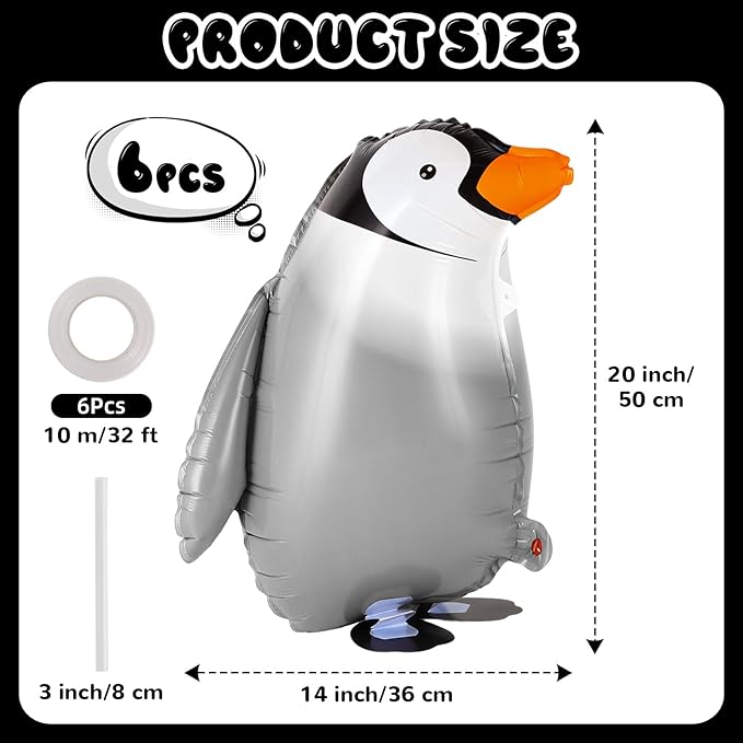 6 Pcs Walking Penguin Balloons, Cute Penguins Balloons for Kids, Walking Animal Foil Mylar Balloon for Baby Shower, Birthday, Penguins Theme Party Decoration Supplies (Penguin)