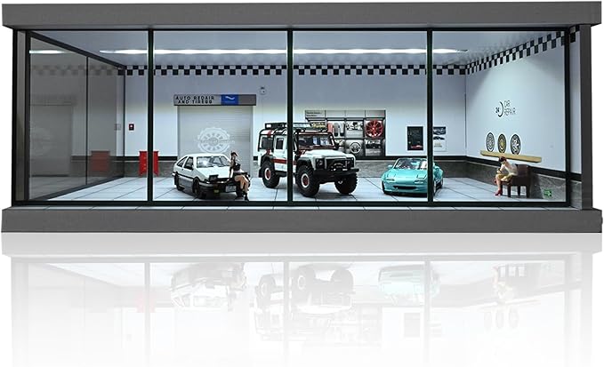 1/64 Diorama Car Garage, LED Lighting City Showroom, 1/64 Scale Diecast Car Parking Lot Storage, Scene Display Model Collection Gift (Repair Shop)