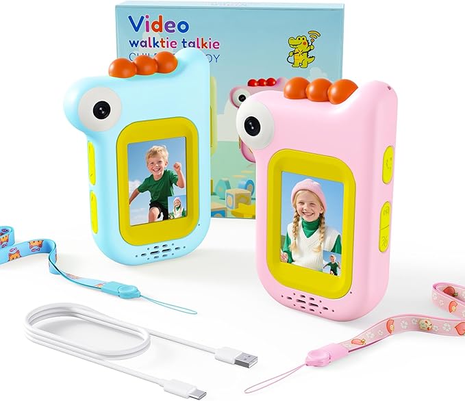 Dinosaur Video Walkie Talkies for Kids with 6 Voice Effects, Support Send Voice, Pictures, Emojis, and Selfies, Upgraded Front and Rear Cameras,Gifts for Boys & Girls Outdoor Play, Camping(Blue/Pink)