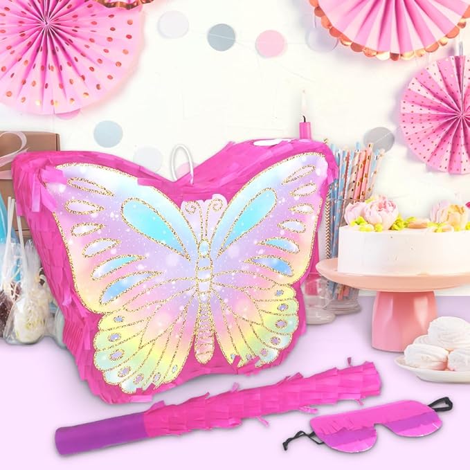 Butterfly Pinata for Birthday Party Supplies Colorful Butterfly Pinata with Stick and Blindfold Butterfly Themed Party Decoration, Small Pinata Party Supplies(16 x 12.6 x 4.2 In)