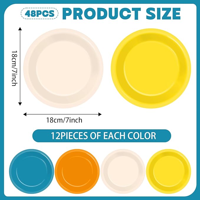 48Pcs Here Comes The Son Party Paper Plates for Retro Blue Orange Mustard Yellow Table Supplies 7" First Trip Around The Sun Boho Disposable Dessert Tableware for Boy Birthday Baby Shower Decorations
