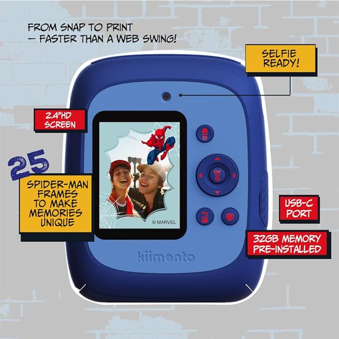 kiimento Marvel Licensed Instant Print Digital Camera, Best Travel Buddy Spider-Man P2, 48MP Photo 1080p Video, 5-Sec Prints in 4 Colors, Selfie & Creator Mode, 32GB Memory Card (Model P2)