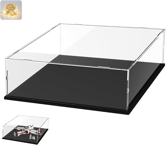 Thickened Clear Acrylic Display Case for Lego 75402 ARC-170 Starfighter 75325 60433 Collectibles, Transparent Box Large Dustproof Protection with Wood-Plastic Base Light, Black Inside 17.7x13.8x3.9 in