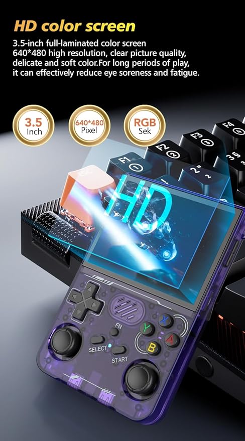 R36XX Retro Handheld Game Console with 128G 3.5 Inch IPS Screen Built-in 30000+ Classic Games Open Source Linux System Portable Pocket Video Player with 3200mah Battery (Translucent Purple)