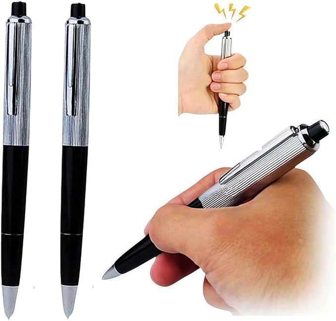 2Pcs Silver Shock Pen, Interesting Surprising Prank Items, Lightweight Shocking Practical Joke Shock Pen Toys Prank for Outdoor Novelty Gag Games