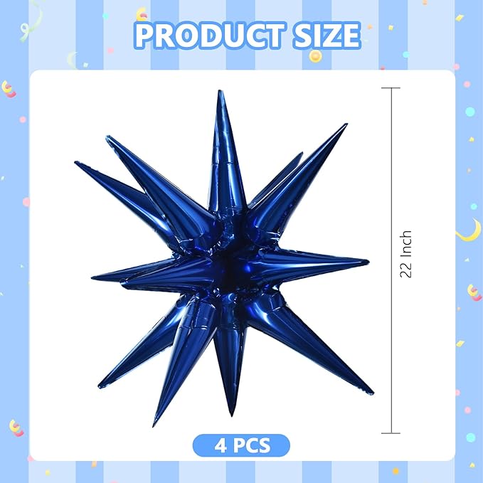 TONIFUL 4 Pcs 22inch 4D Navy Blue Explosion Star Mylar Balloons 14Point Star Balloons for Party Backdrop Christmas,New Year Birthday, Wedding Baby Shower Anniversary Photo Booth Supplies