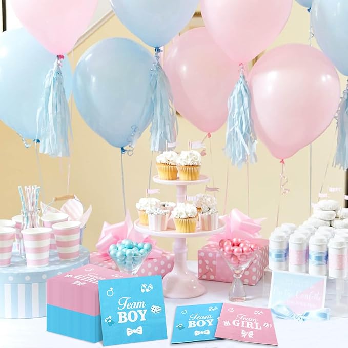 100Pcs Gender Reveal Napkins, 13 x 13 Inches Boy or Girl Baby Shower Napkin, Team Boy or Girl Napkins, Blue Pink Party Napkin for Baby Shower Gender Reveal Party Supplies