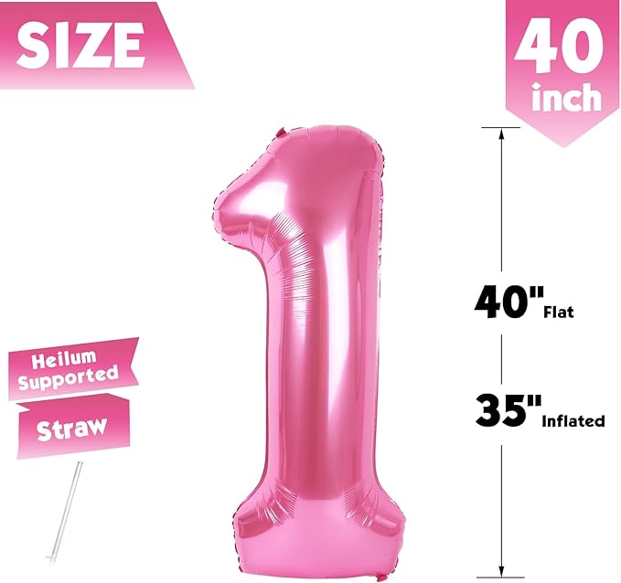 40 Inch Pink Number 1 Balloon, Giant Number 1 Balloons for 11th 12th 21st Birthday Decorations, Party Supplies for Baby Boy Girl, Pink Party Decor