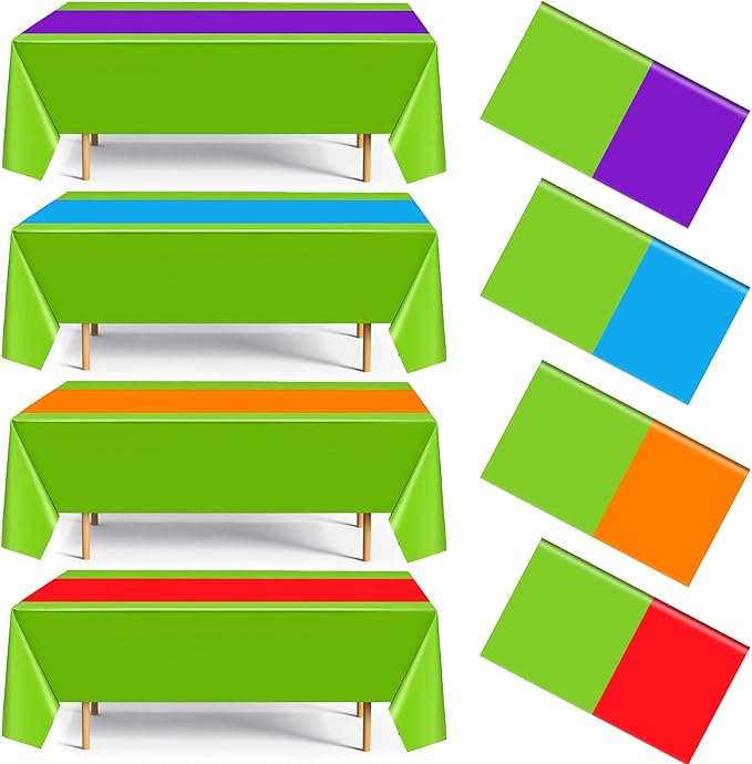 4 Pack Cartoon Turtle Plastic Tablecloth 54 x 108 Inches Green Purple Red Orange Blue Cover Disposable Rectangle Table Runner for Birthday Party Outdoor Picnic Camping