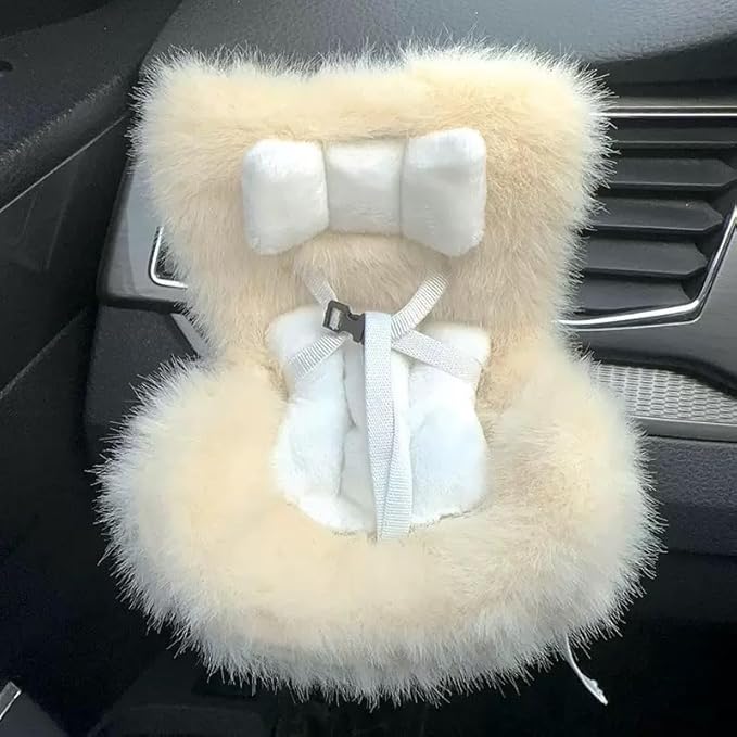 Doll Car Seat for 3–8 inch Figures, Fits Character Plushes, Blind Box Dolls & Vinyl Collectibles, Includes Air Vent Clip & Desktop Stand, Cute Car Ornament for Collectors (Beige)