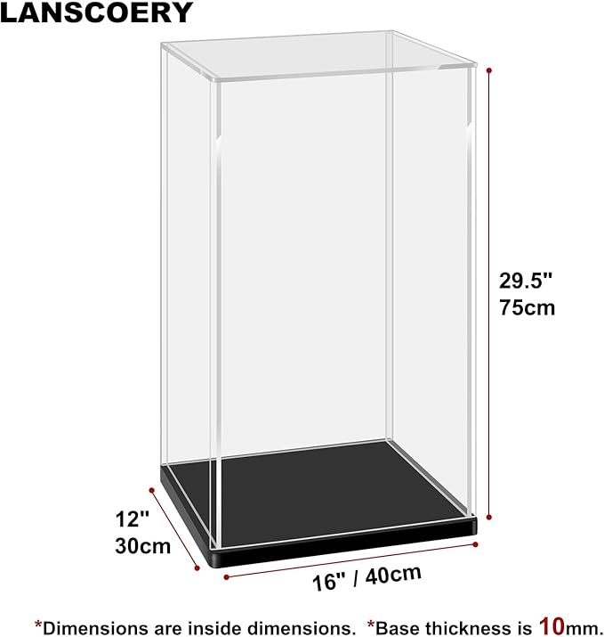 LANSCOERY Acrylic Display Case, Assemble Large Showcase Display Box for Collectibles, with Dustproof & Seamless Display Design, Compatible with Bearbrick 1000% 16x12x29.5inch Thick Black Base