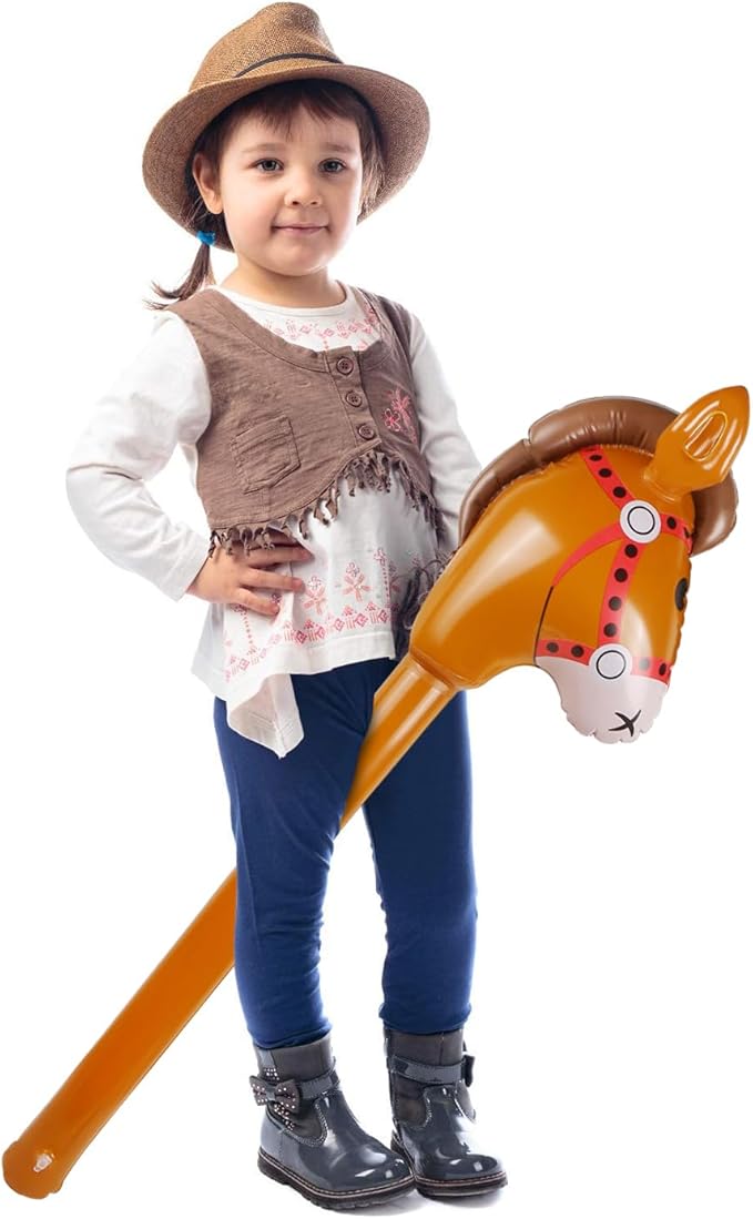 12PCS Inflatable Stick Horse,Blow Up Horse Head on Stick Pony Costume Western Cowboy Cowgirl Baby Shower Birthday Party Decorations Halloween Supplies Favors Props, 38 Inches (Brown)