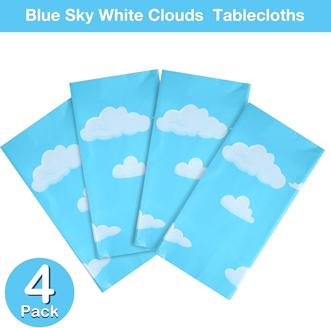 Tatuo Blue Sky White Clouds Birthday Party Supplies Cartoon Story Tablecloth Party Table Cover Cartoon Table Banner for Birthday Decorations, 54 x 108 Inch(4 Pieces)