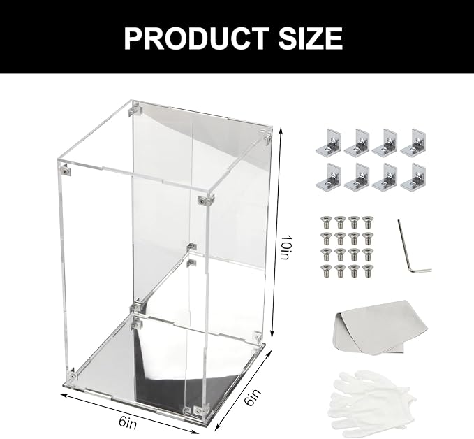 Clear Acrylic Box with Mirrored Back and Base, Removable Display Case with Lid for Collectibles, Assemble Countertop Decorative Storage Box for Display Action Figures Toys Jewelry, 6x6x10Inch